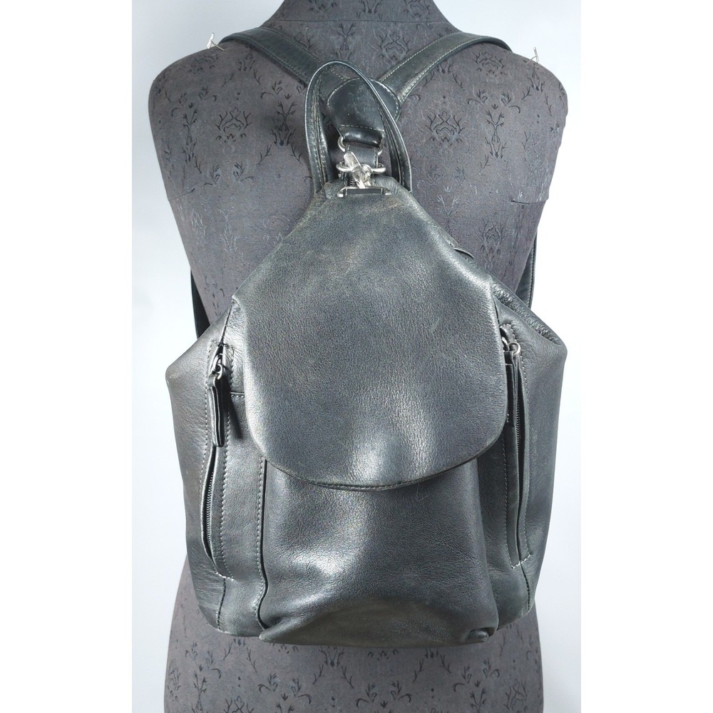 Tignanello Soft Leather Backpack Purse Black Adjustable Straps Pockets 12"x12"